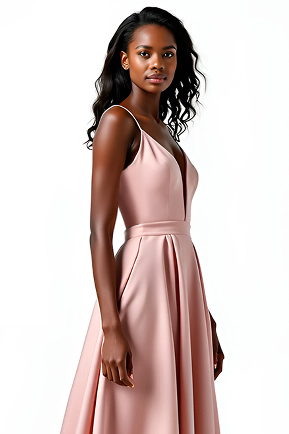 Blush A Line Spaghetti Straps V Neck Satin Wedding Guest Dress