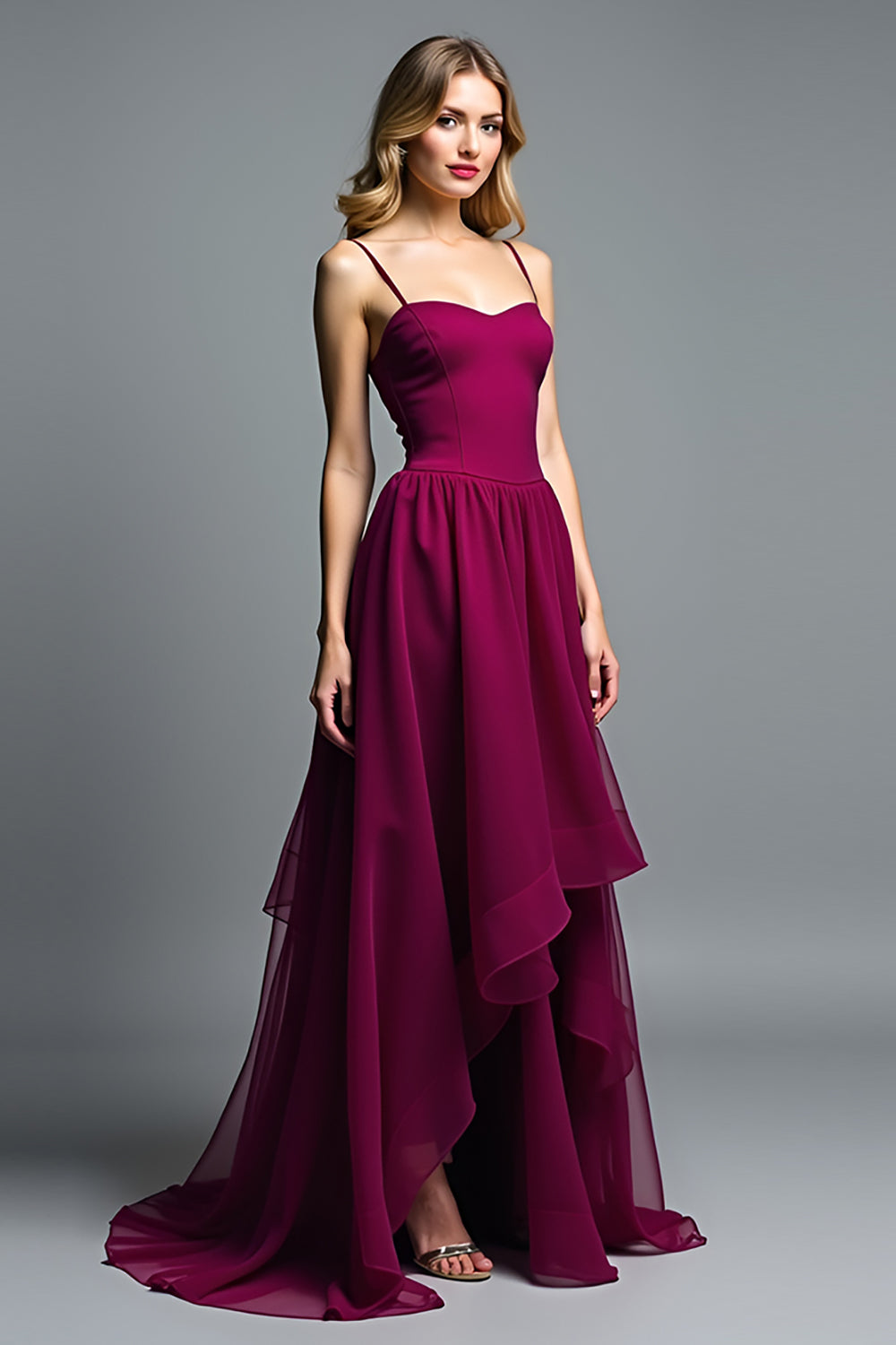 Dark Purple Spaghetti Straps A Line Ruffled Long Wedding Guest Dress