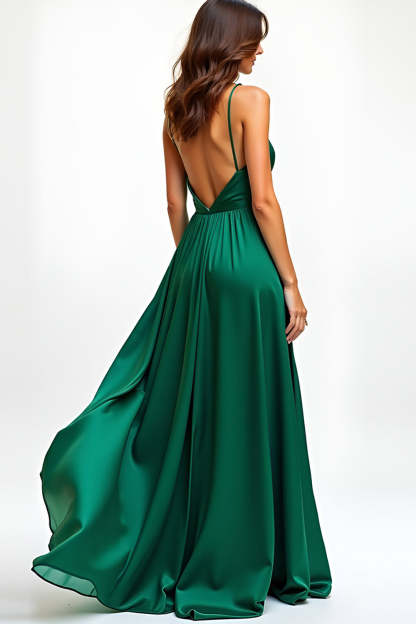 A Line Dark Green V Neck Backless Long Prom Dress with Slit