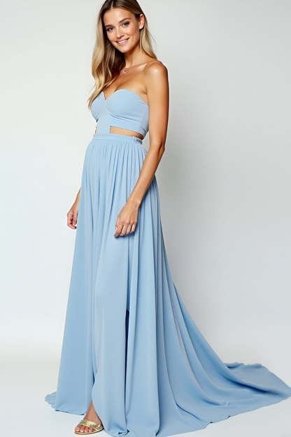 Blue Sweetheart A Line Long Wedding Guest Dress with Slit