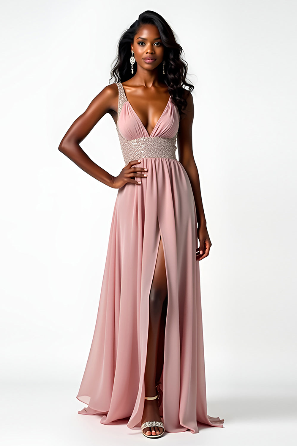 Leely Women Blush A Line Long Chiffon Wedding Guest Dress with Slit Beaded V-Neck Backless Formal Dress