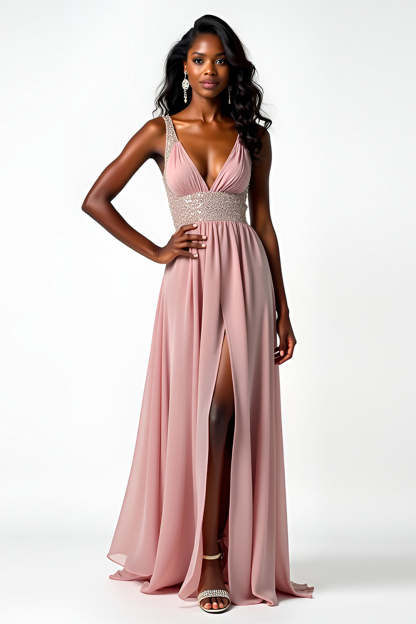 Leely Women Blush A Line Long Chiffon Wedding Guest Dress with Slit Beaded V-Neck Backless Formal Dress