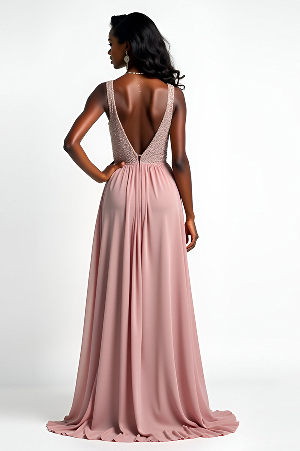 Blush V Neck A Line Beaded Chiffon Wedding Guest Dress with Slit