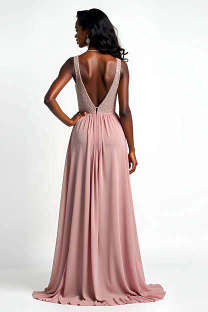 Blush V Neck A Line Beaded Chiffon Wedding Guest Dress with Slit