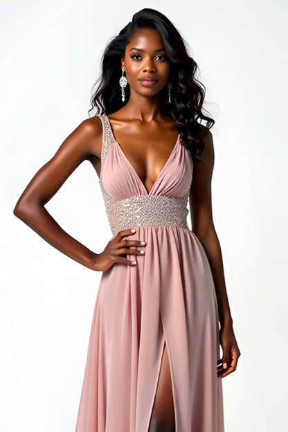 Blush V Neck A Line Beaded Chiffon Wedding Guest Dress with Slit