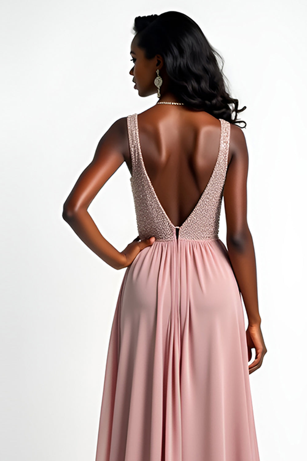 Blush V Neck A Line Beaded Chiffon Wedding Guest Dress with Slit
