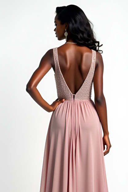 Blush V Neck A Line Beaded Chiffon Wedding Guest Dress with Slit