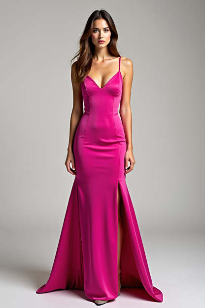 Leely Women Satin Fuchsia Sheath V Neck Long Prom Dress with Slit Spaghetti Straps Backless Evening Dress