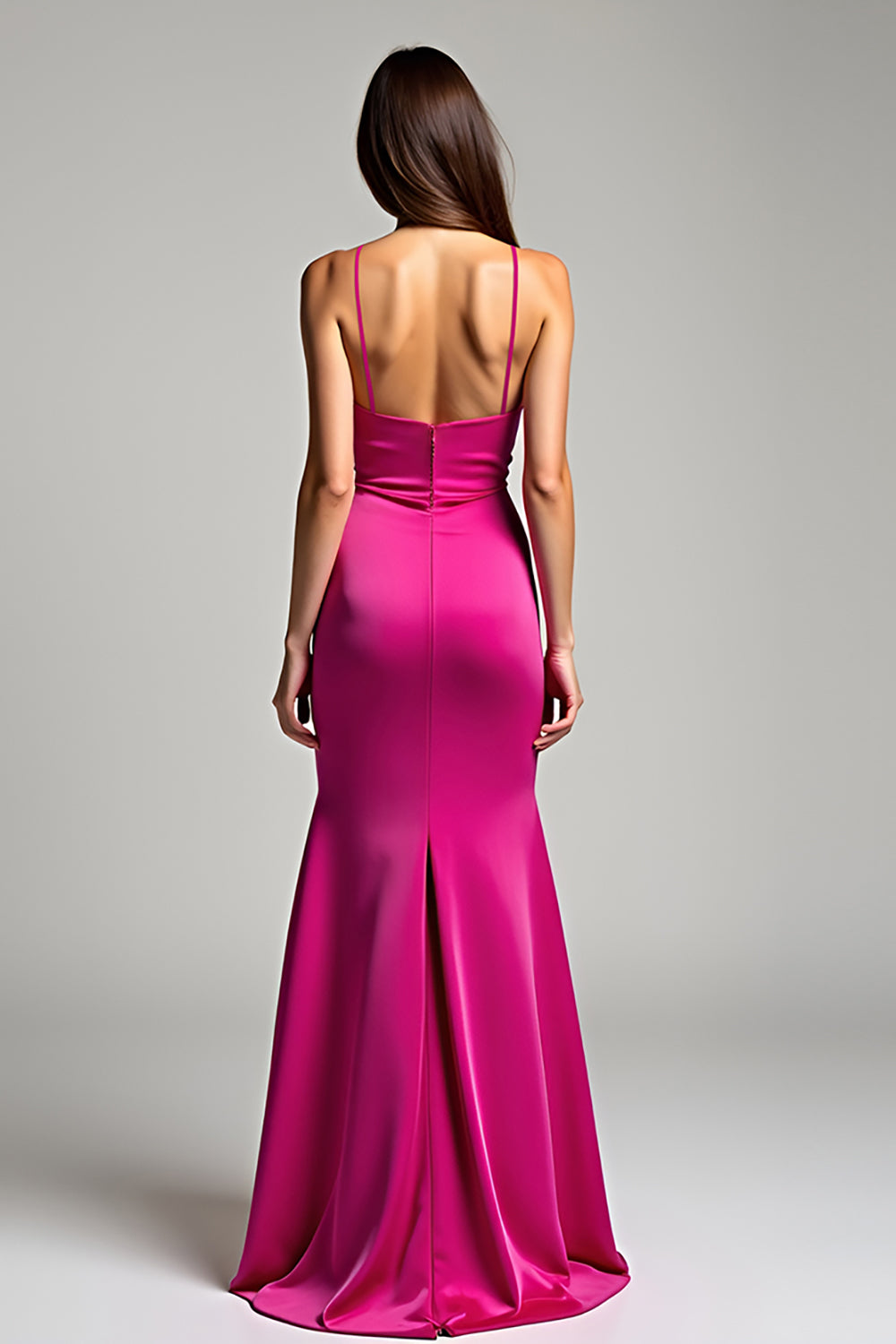 Fuchsia Spaghetti Straps V Neck Sheath Long Prom Dress with Slit