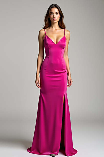 Fuchsia Spaghetti Straps V Neck Sheath Long Prom Dress with Slit