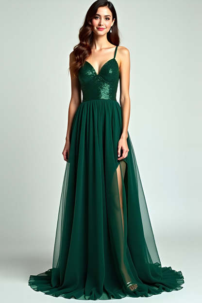 Leely Women A Line Dark Green Long Formal Dress with Slit Spaghetti Straps Backless V-Neck Long Wedding Guest Dress