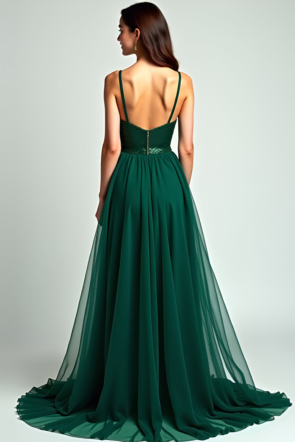 Dark Green Spaghetti Straps A Line Backless Long Formal Dress with Slit