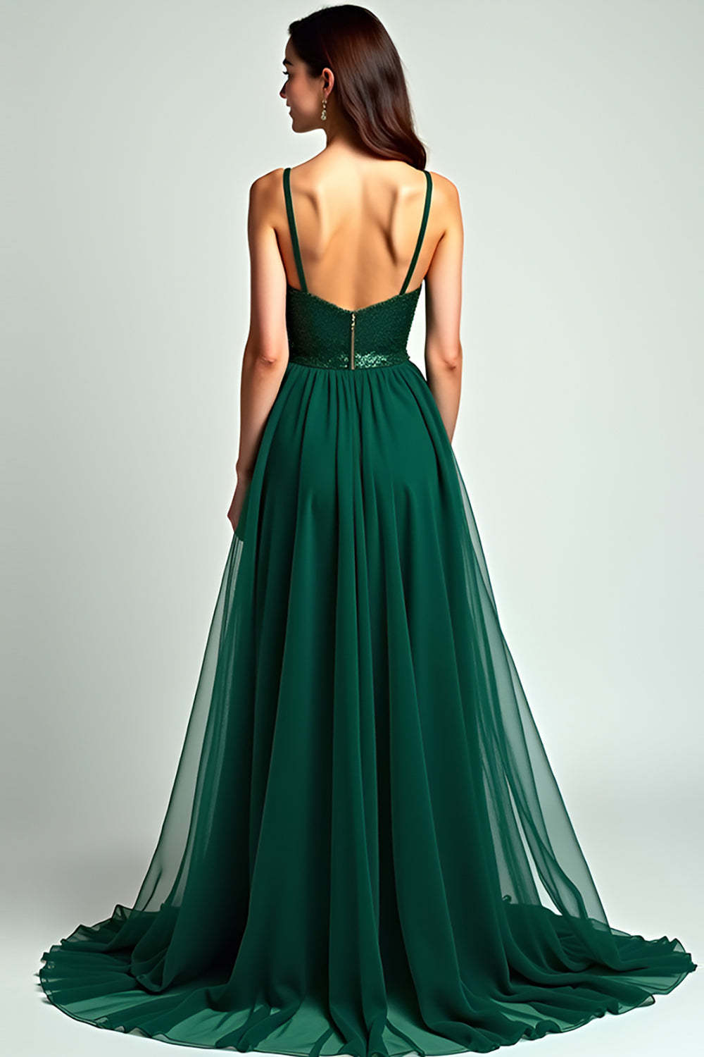 Dark Green Spaghetti Straps A Line Backless Long Formal Dress with Slit