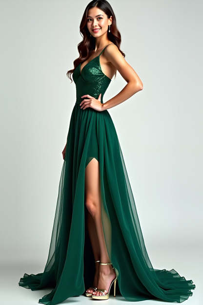 Dark Green Spaghetti Straps A Line Backless Long Formal Dress with Slit