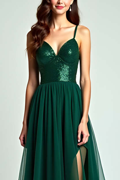 Dark Green Spaghetti Straps A Line Backless Long Formal Dress with Slit