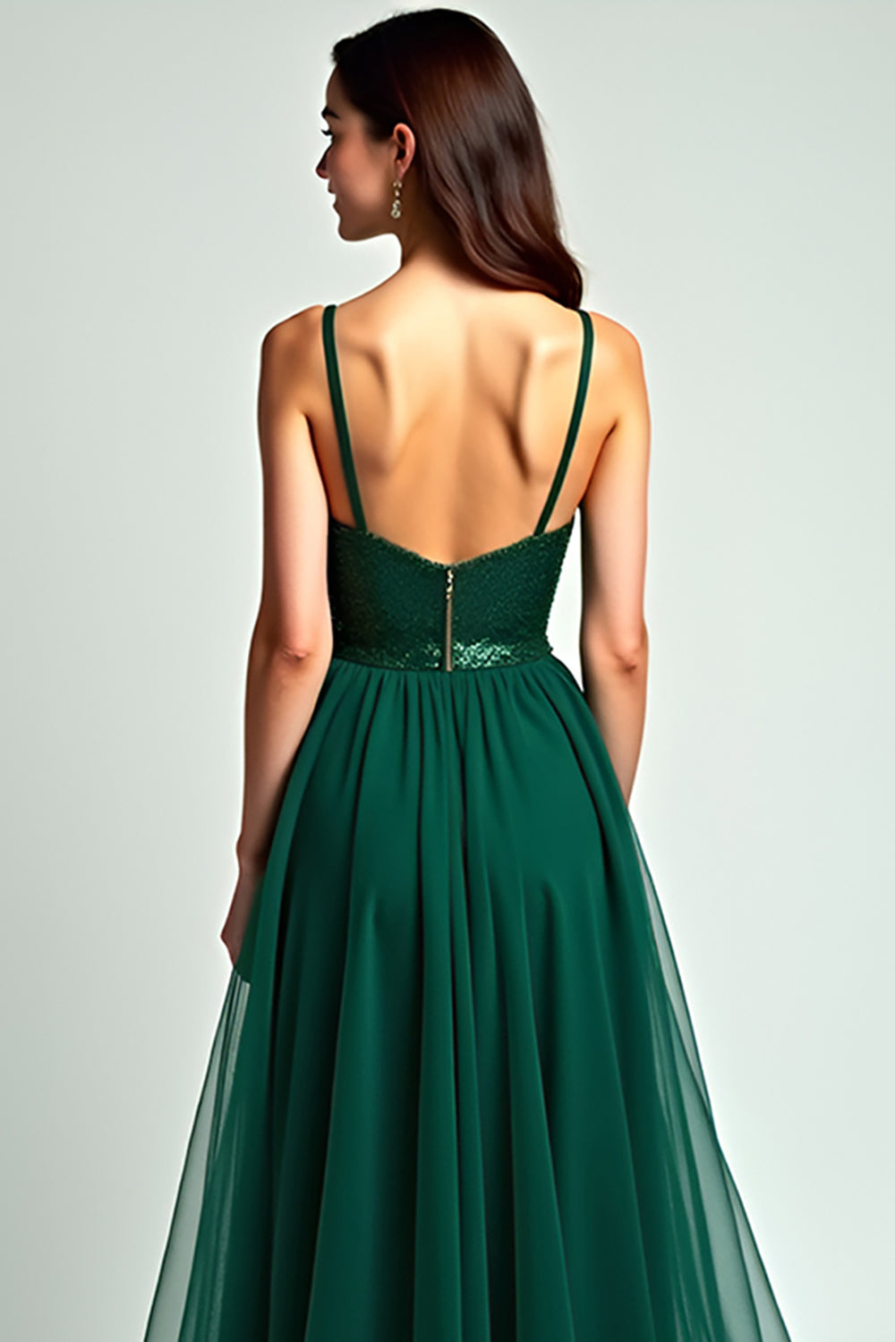 Dark Green Spaghetti Straps A Line Backless Long Formal Dress with Slit