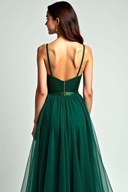 Dark Green Spaghetti Straps A Line Backless Long Formal Dress with Slit