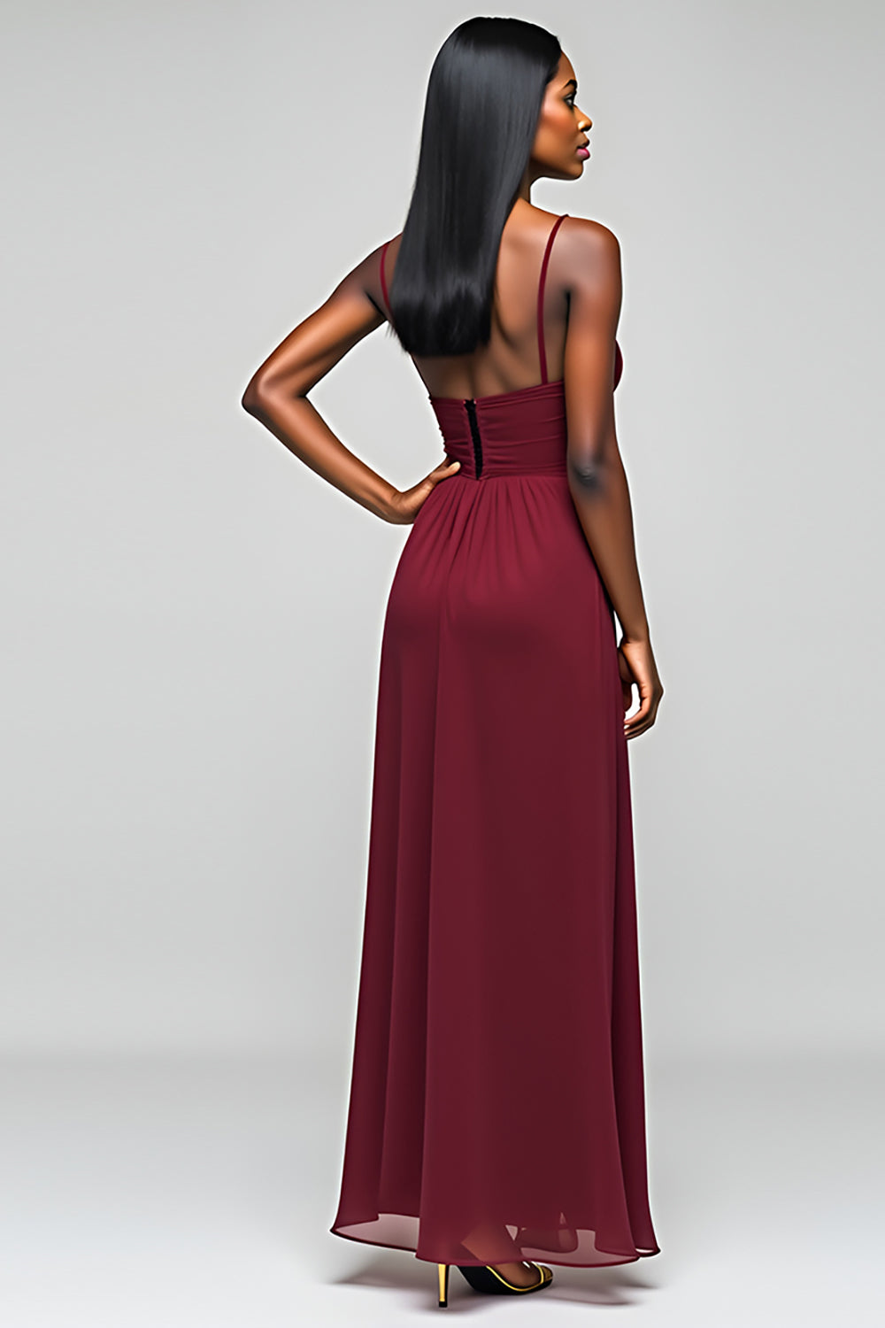Burgundy Spaghetti Straps A Line Long Chiffon Bridesmaid Dress