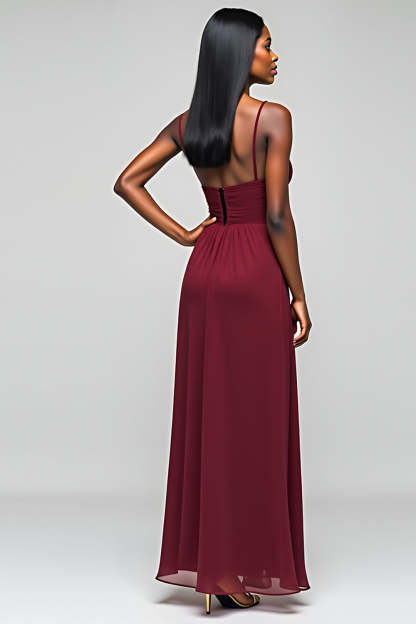 Burgundy Spaghetti Straps A Line Long Chiffon Bridesmaid Dress