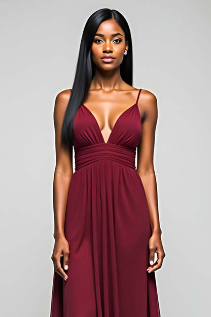 Burgundy Spaghetti Straps A Line Long Chiffon Bridesmaid Dress