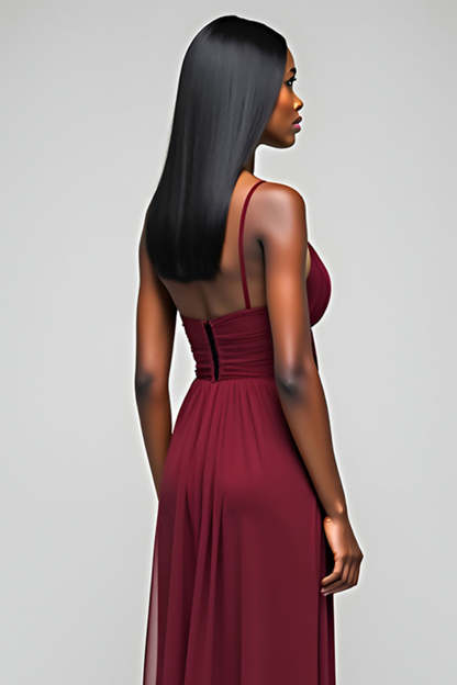 Burgundy Spaghetti Straps A Line Long Chiffon Bridesmaid Dress