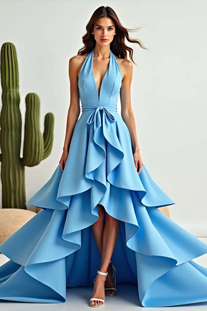 Leely Women A Line Blue Halter Neck Asymmetrical High-Low Prom Dress with Ruffles Tiered Satin Bowknot Formal Dress