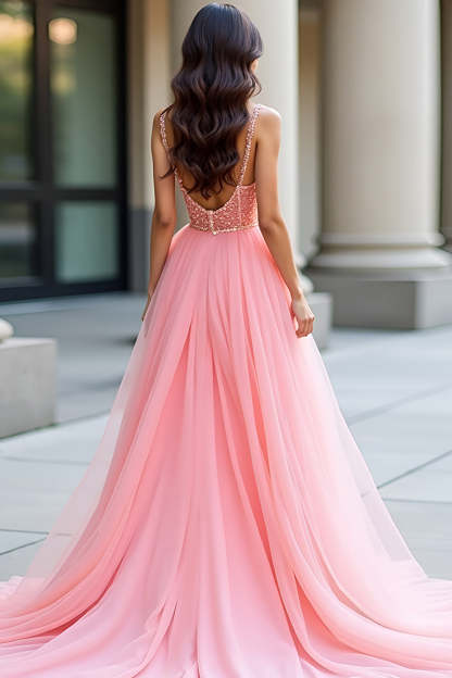 Pretty Pink A Line 3D Flower Long Prom Dress with Beading