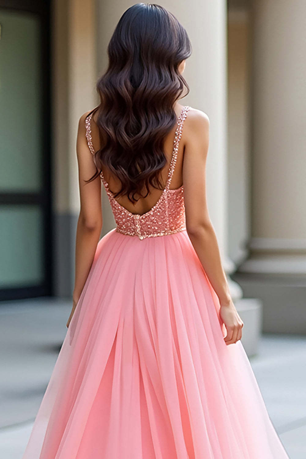 Pretty Pink A Line 3D Flower Long Prom Dress with Beading