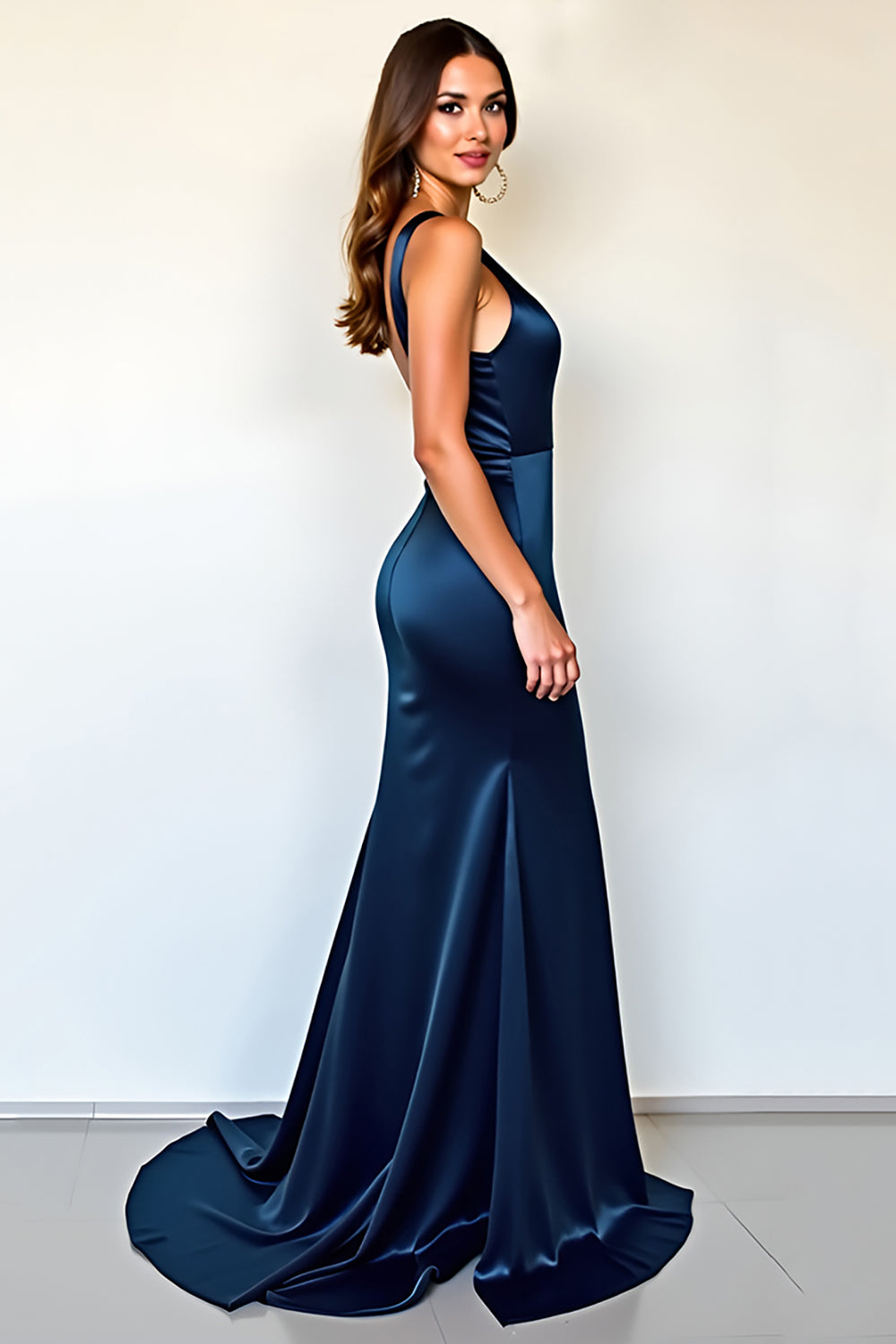Navy Deep V-Neck Satin A Line Long Formal Dress with Slit