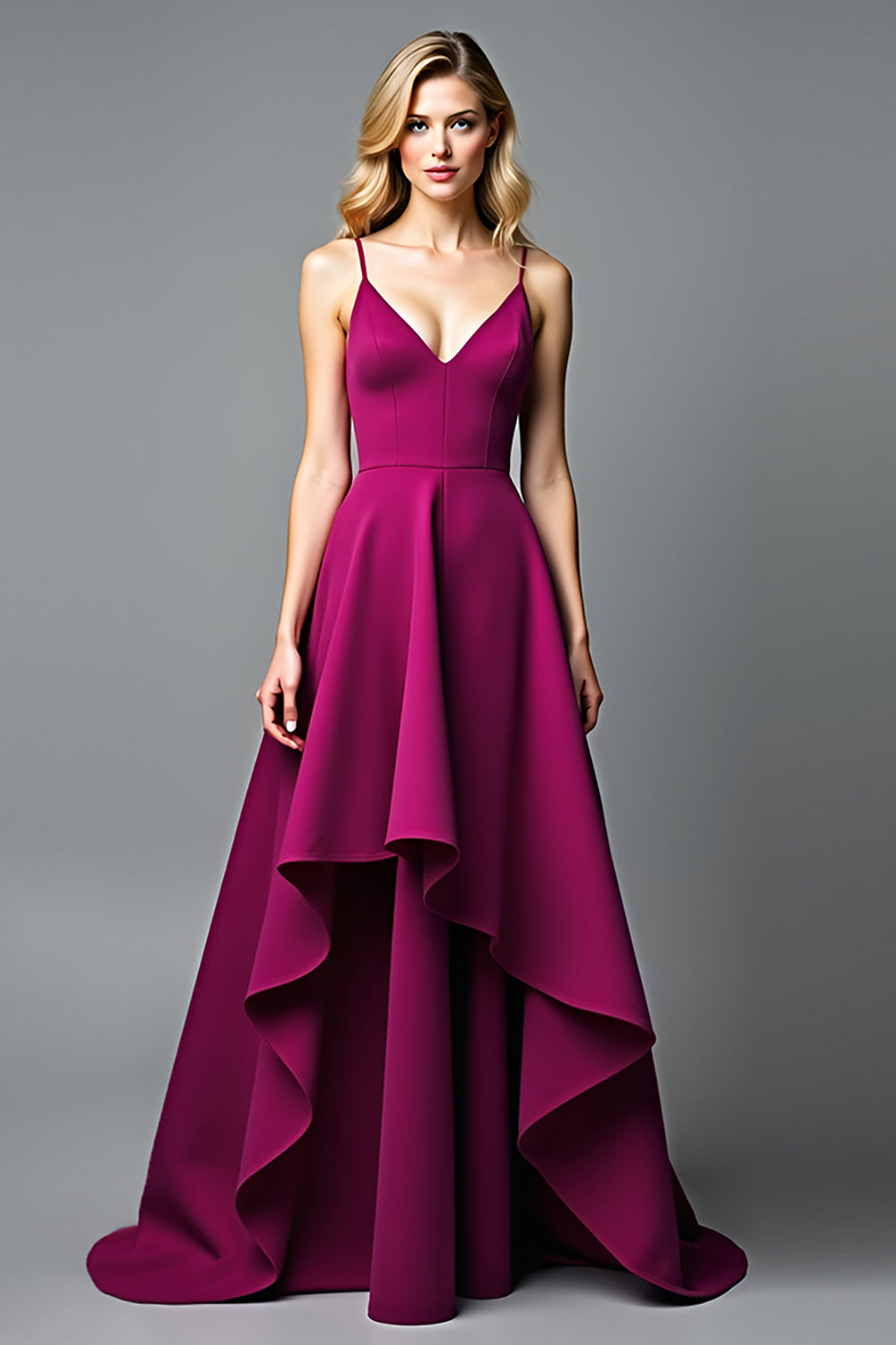 A Line V-Neck Dark Purple Ruffled Satin Long Formal Dress