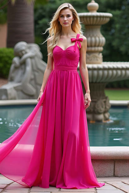 Leely Women A Line Fuchsia Chiffon Sweetheart Long Bridesmaid Dress Backless Ruched Bowknot Formal Dress