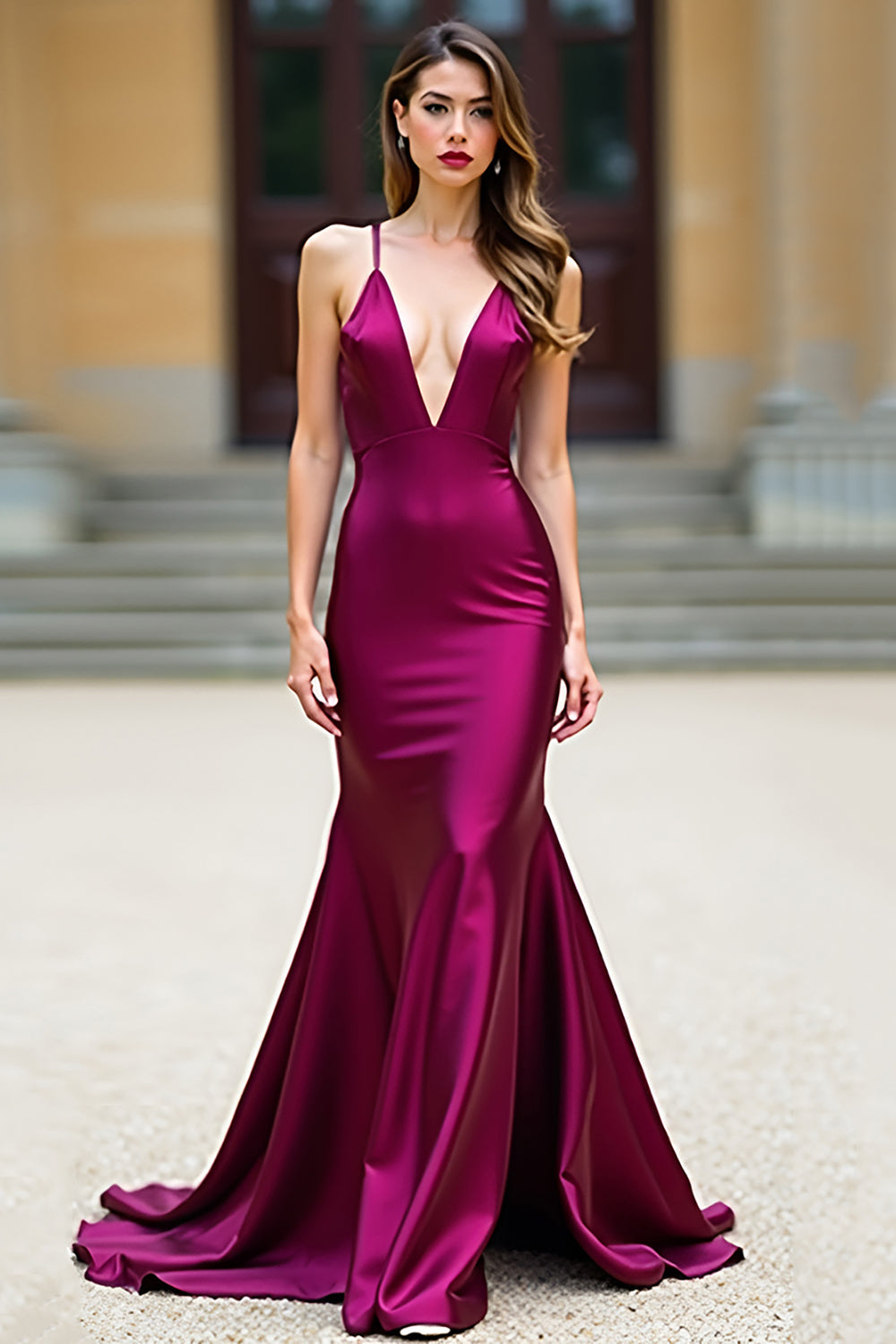 Leely Women Dark Purple Mermaid Long Prom Dress Backless Spaghetti Straps V Neck Satin Deep V-Neck Evening Dress
