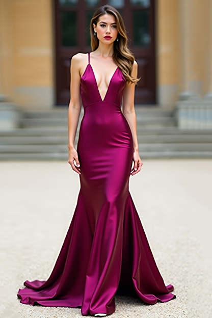Leely Women Dark Purple Mermaid Long Prom Dress Backless Spaghetti Straps V Neck Satin Deep V-Neck Evening Dress