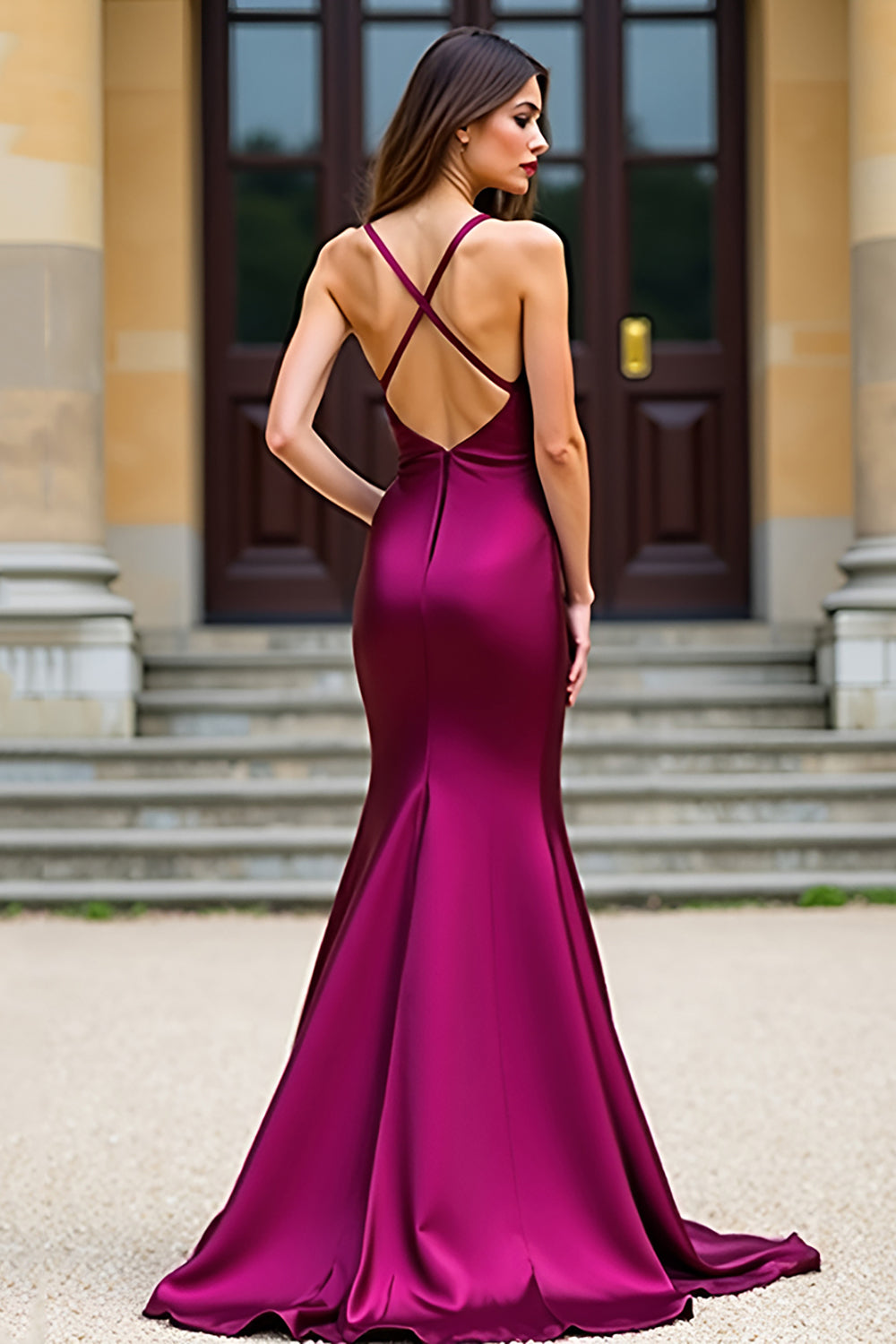 Dark Purple Spaghetti Straps V Neck Mermaid Long Prom Dress