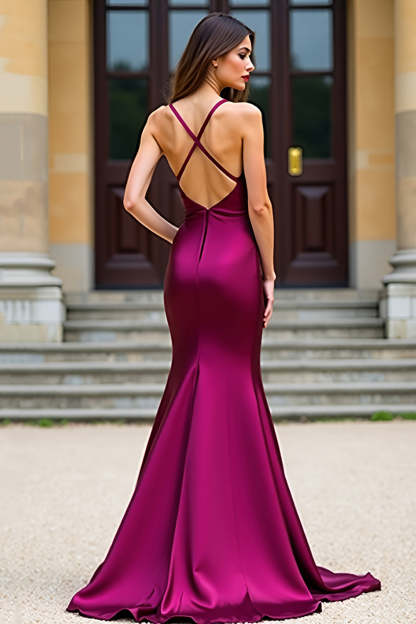 Dark Purple Spaghetti Straps V Neck Mermaid Long Prom Dress