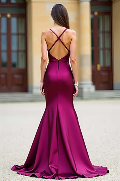 Dark Purple Spaghetti Straps V Neck Mermaid Long Prom Dress