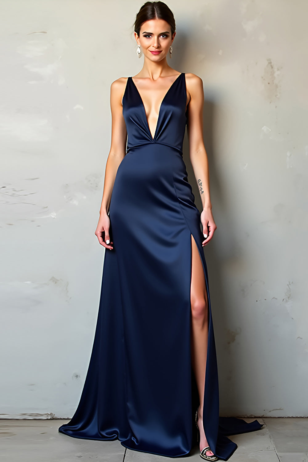 Leely Women Satin Navy A Line Formal Dress with Slit V-Neck Long Prom Dress
