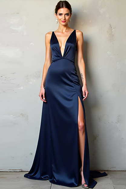 Leely Women Satin Navy A Line Formal Dress with Slit V-Neck Long Prom Dress