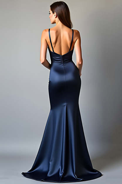 Sheath Navy Deep V-Neck Backless Long Prom Dress with Slit
