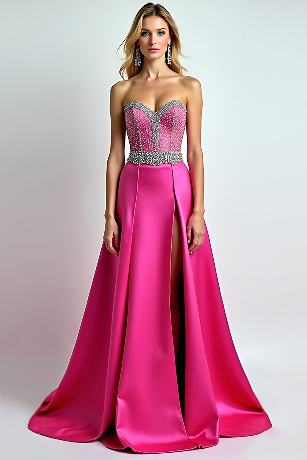 Leely Women Glitter Beaded Fuchsia A Line Long Prom Dress with Slit Sweetheart Satin Strapless Pageant Dress