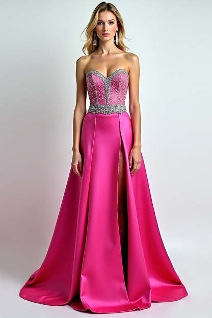 Leely Women Glitter Beaded Fuchsia A Line Long Prom Dress with Slit Sweetheart Satin Strapless Pageant Dress