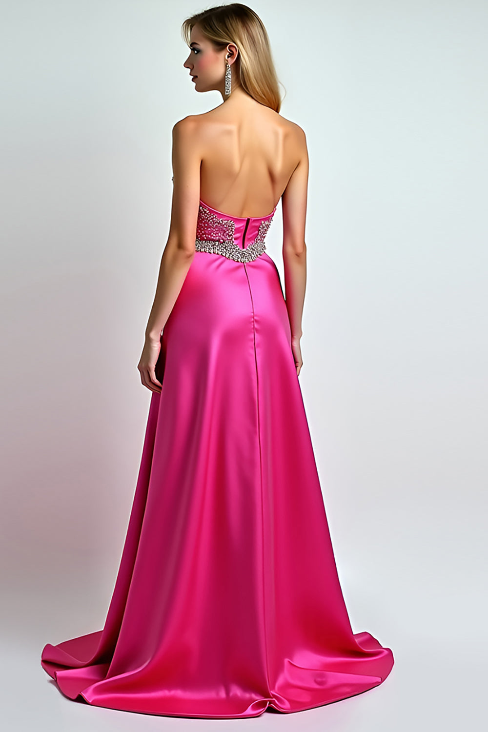 Glitter Beaded Fuchsia Strapless A Line Long Prom Dress with Slit