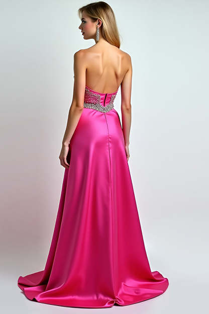 Glitter Beaded Fuchsia Strapless A Line Long Prom Dress with Slit