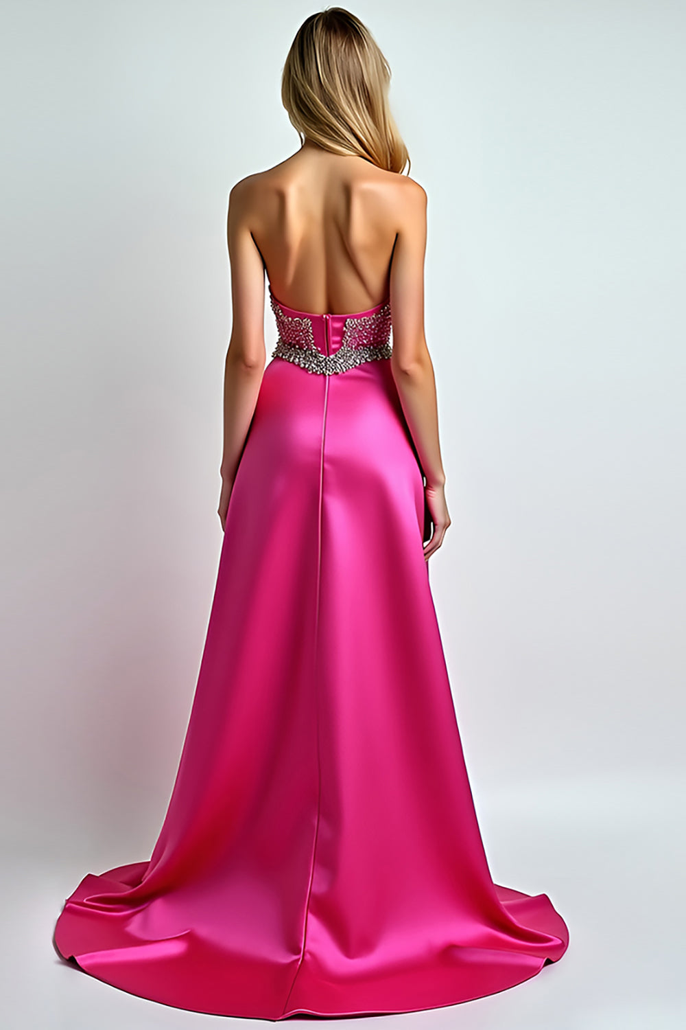 Glitter Beaded Fuchsia Strapless A Line Long Prom Dress with Slit