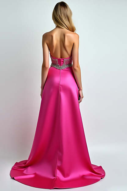 Glitter Beaded Fuchsia Strapless A Line Long Prom Dress with Slit