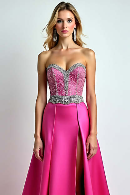 Glitter Beaded Fuchsia Strapless A Line Long Prom Dress with Slit