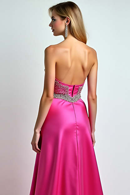 Glitter Beaded Fuchsia Strapless A Line Long Prom Dress with Slit