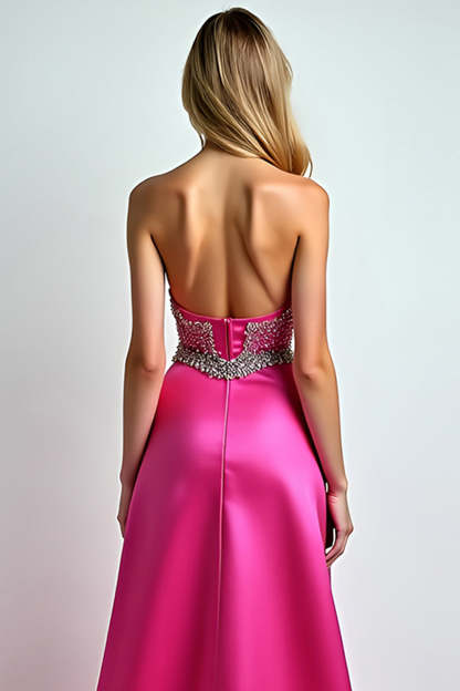 Glitter Beaded Fuchsia Strapless A Line Long Prom Dress with Slit
