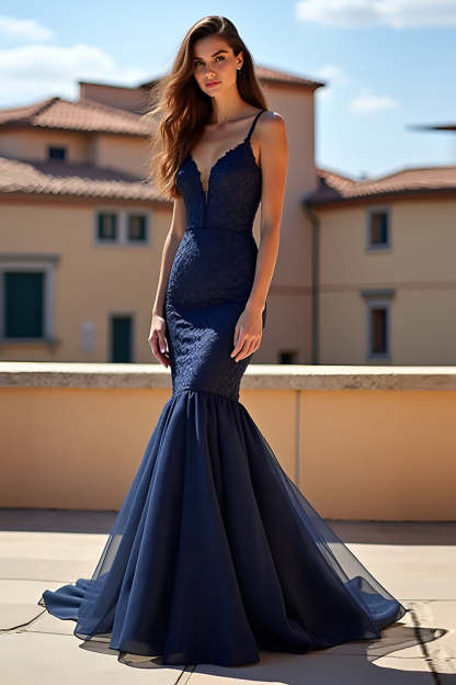 Leely Women Lace Mermaid Navy Long Prom Dress Backless Spaghetti Straps V Neck Military Ball Dress