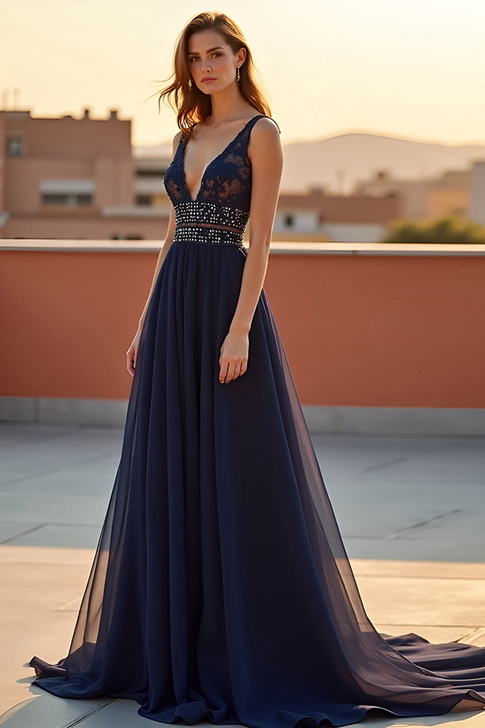 A Line V Neck Navy Lace Beaded Long Formal Dress